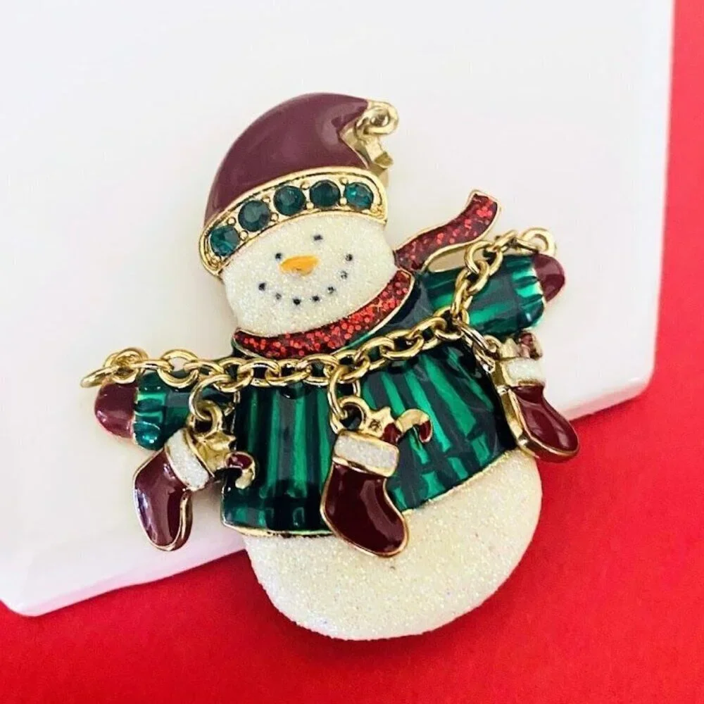 Jolly Snowman Stocking Fun Glittery Christmas Brooch